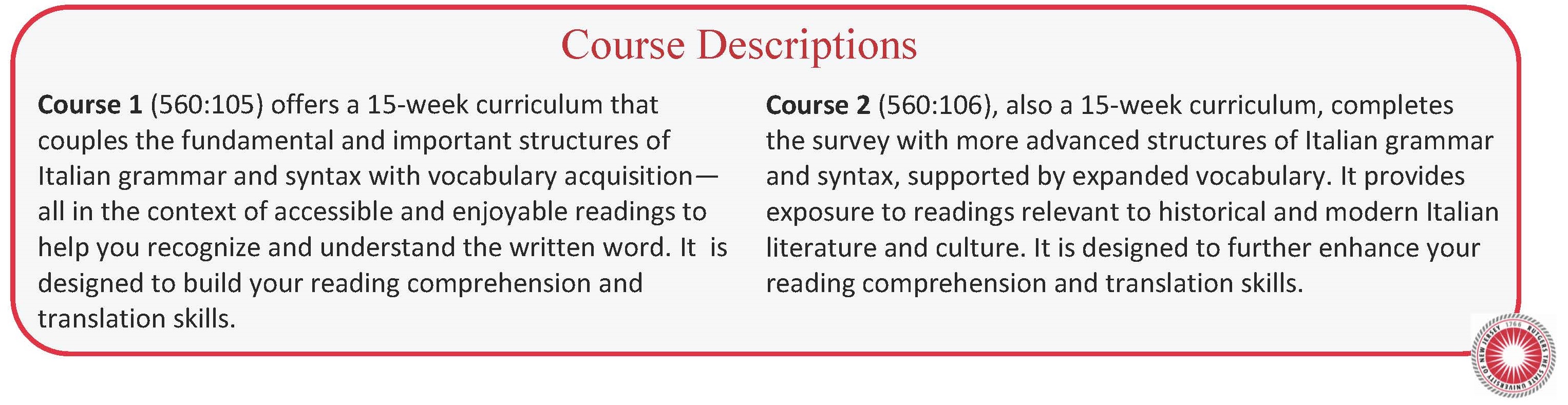 Course Descriptions for 105 and 106